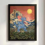 Pokemon poster featuring Golduck in blue hues with Japanese wave style background and warm sunset colors
