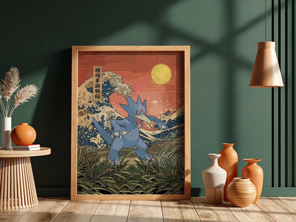 Pokemon poster featuring Golduck in blue hues with Japanese wave style background and warm sunset colors