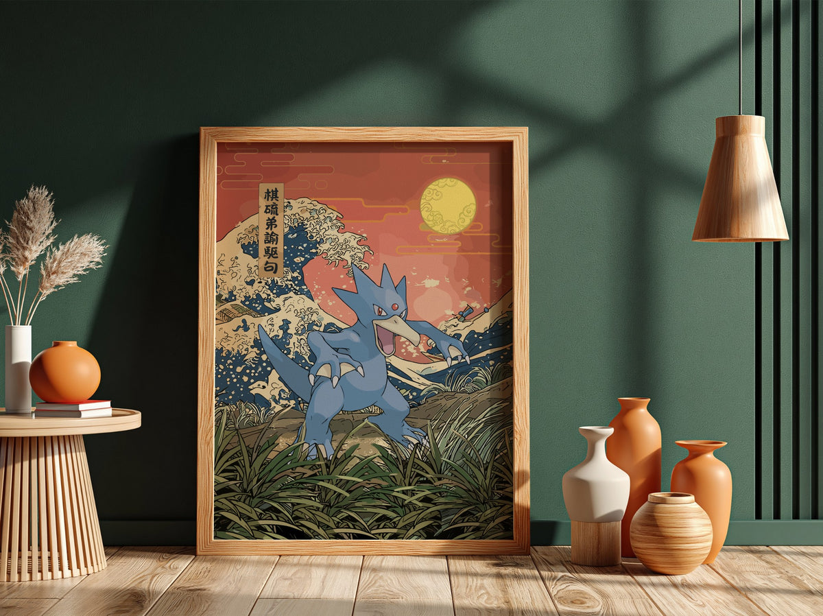 Pokemon poster featuring Golduck in blue hues with Japanese wave style background and warm sunset colors