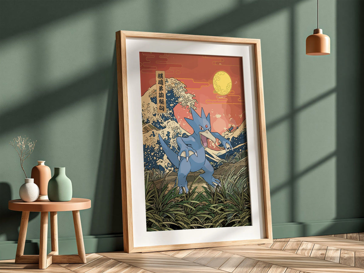 Pokemon poster featuring Golduck in blue hues with Japanese wave style background and warm sunset colors