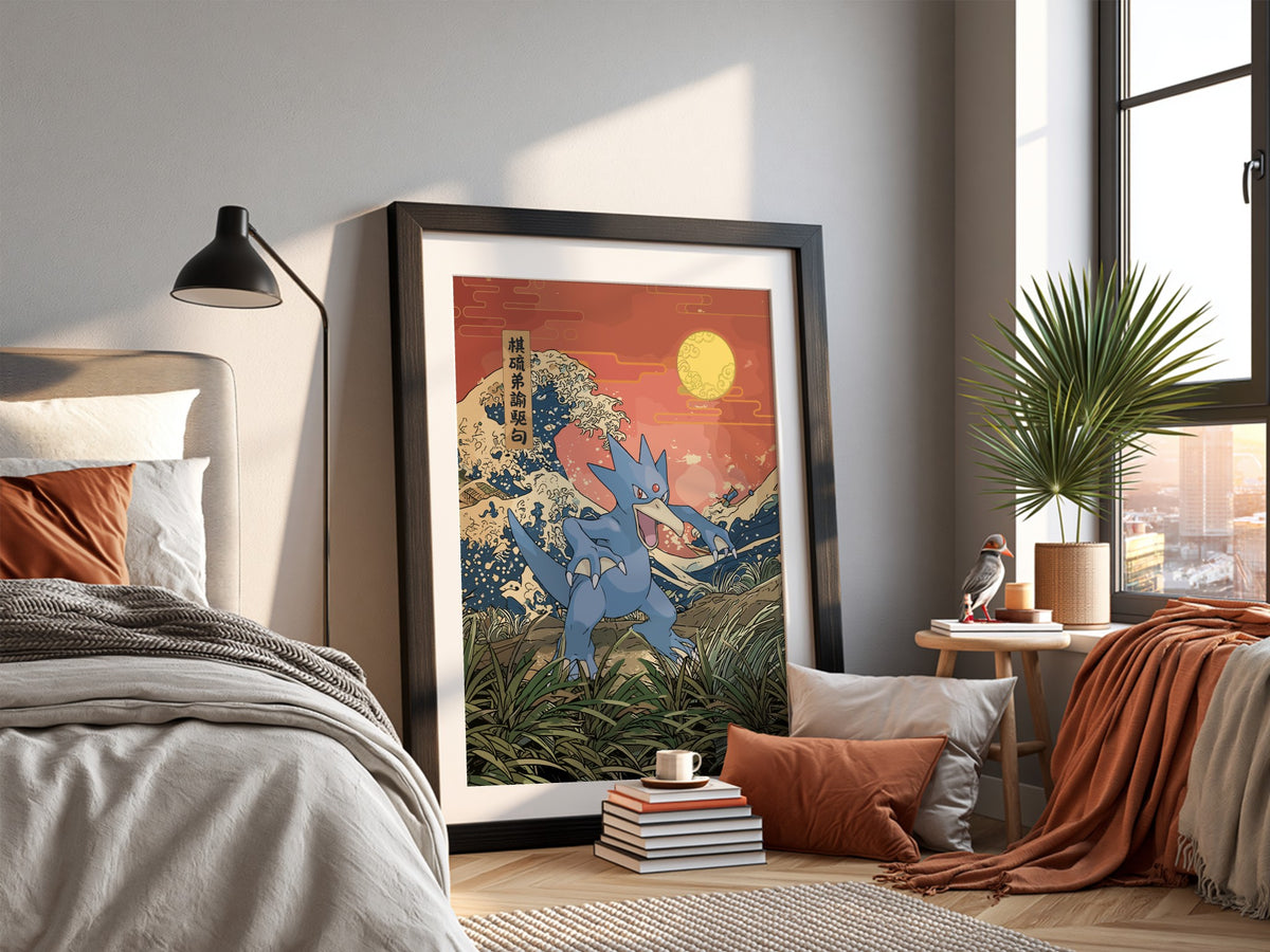 Pokemon poster featuring Golduck in blue hues with Japanese wave style background and warm sunset colors