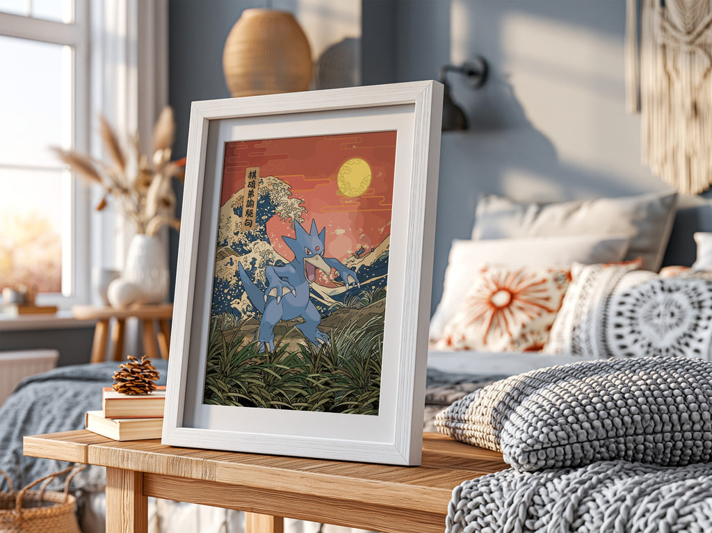 Pokemon poster featuring Golduck in blue hues with Japanese wave style background and warm sunset colors