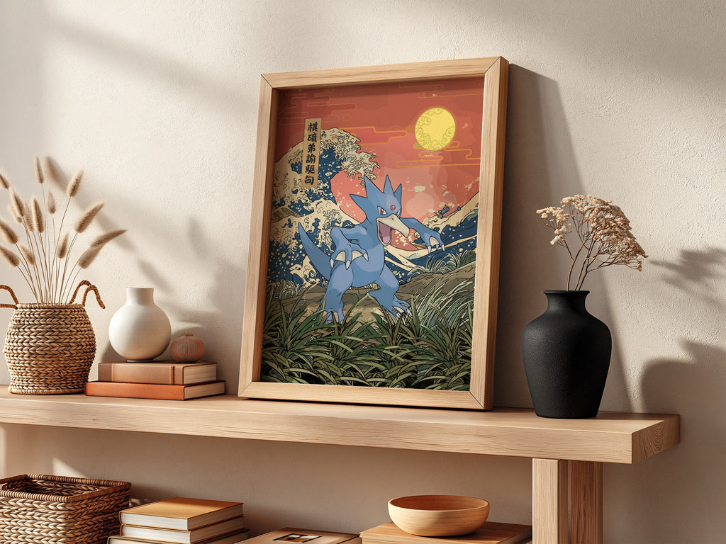 Pokemon poster featuring Golduck in blue hues with Japanese wave style background and warm sunset colors