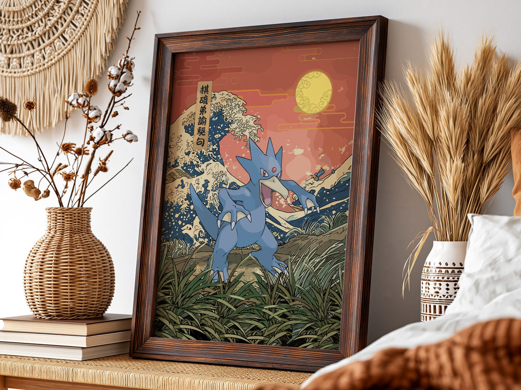 Pokemon poster featuring Golduck in blue hues with Japanese wave style background and warm sunset colors