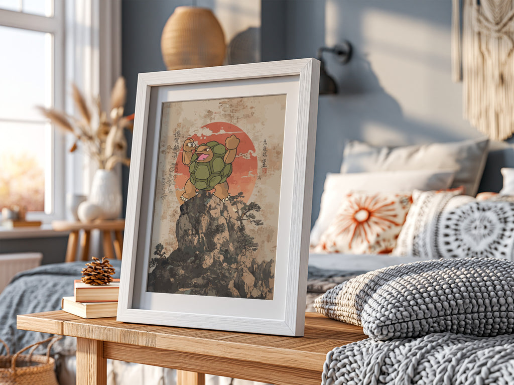 Golem illustration poster with green golem figure on rocky peak and red sun background in Japanese ink style