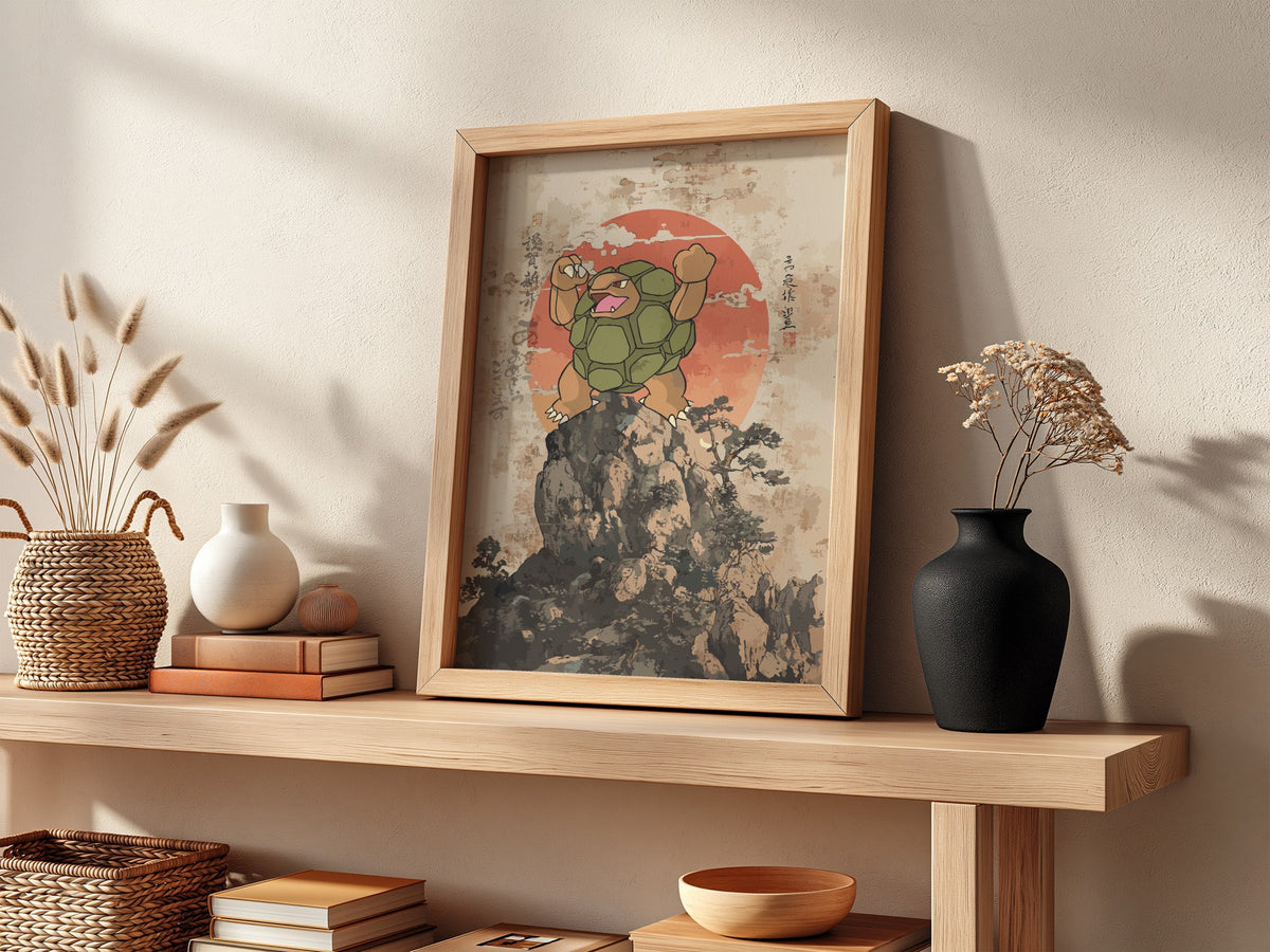 Golem illustration poster with green golem figure on rocky peak and red sun background in Japanese ink style