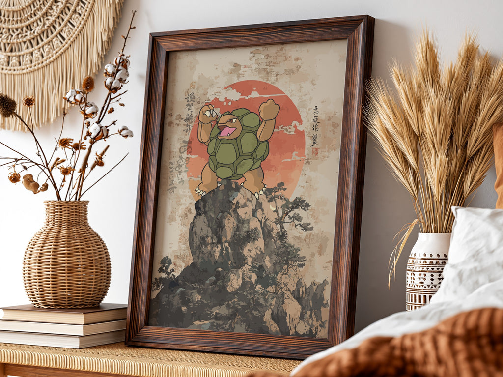 Golem illustration poster with green golem figure on rocky peak and red sun background in Japanese ink style