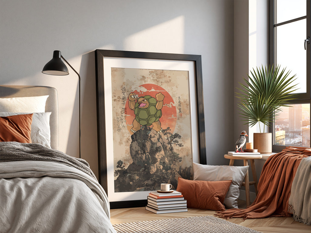 Golem illustration poster with green golem figure on rocky peak and red sun background in Japanese ink style