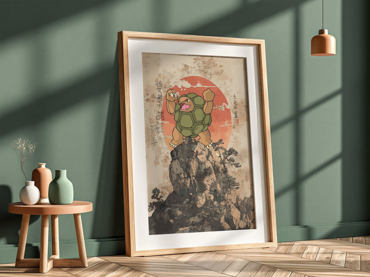 Golem illustration poster with green golem figure on rocky peak and red sun background in Japanese ink style
