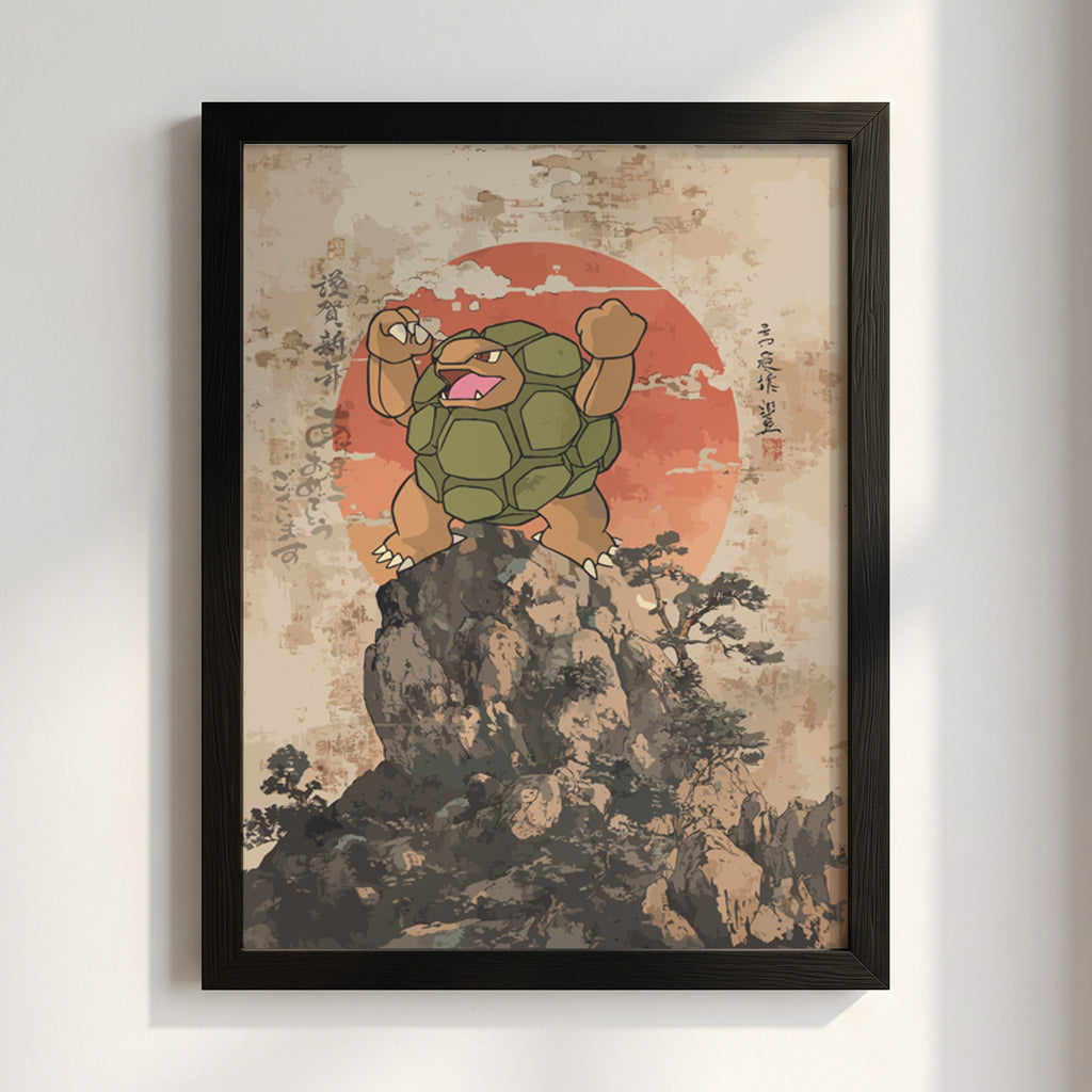 Golem illustration poster with green golem figure on rocky peak and red sun background in Japanese ink style