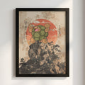 Golem illustration poster with green golem figure on rocky peak and red sun background in Japanese ink style