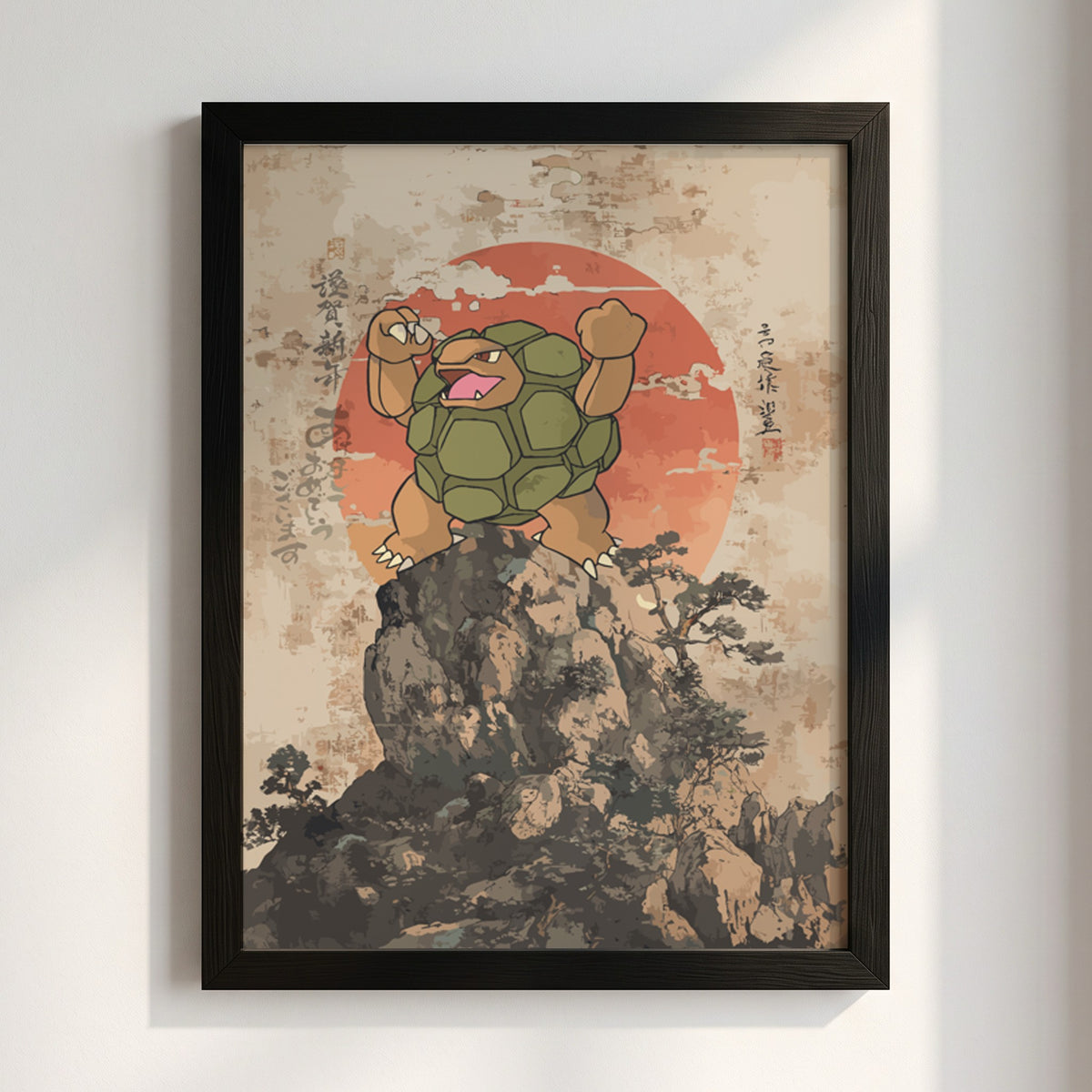 Golem illustration poster with green golem figure on rocky peak and red sun background in Japanese ink style