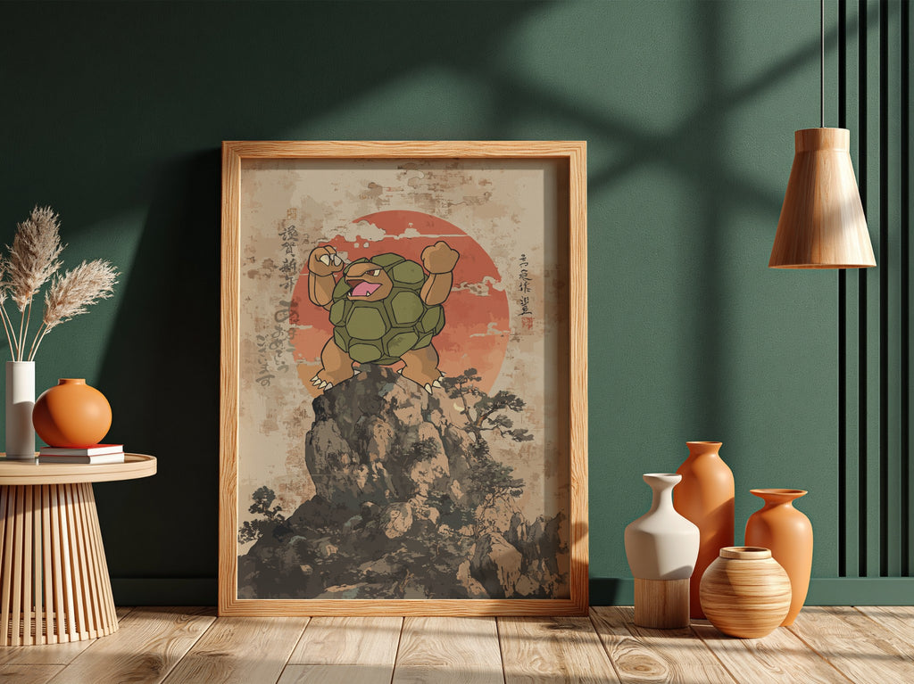 Golem illustration poster with green golem figure on rocky peak and red sun background in Japanese ink style