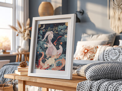 Goodra fantasy poster with blue, white, and red swirling clouds in Japanese style artwork