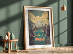 Framed Graveler vintage poster with rocky coastline, moody sky, earthy tones, and fantasy creature
