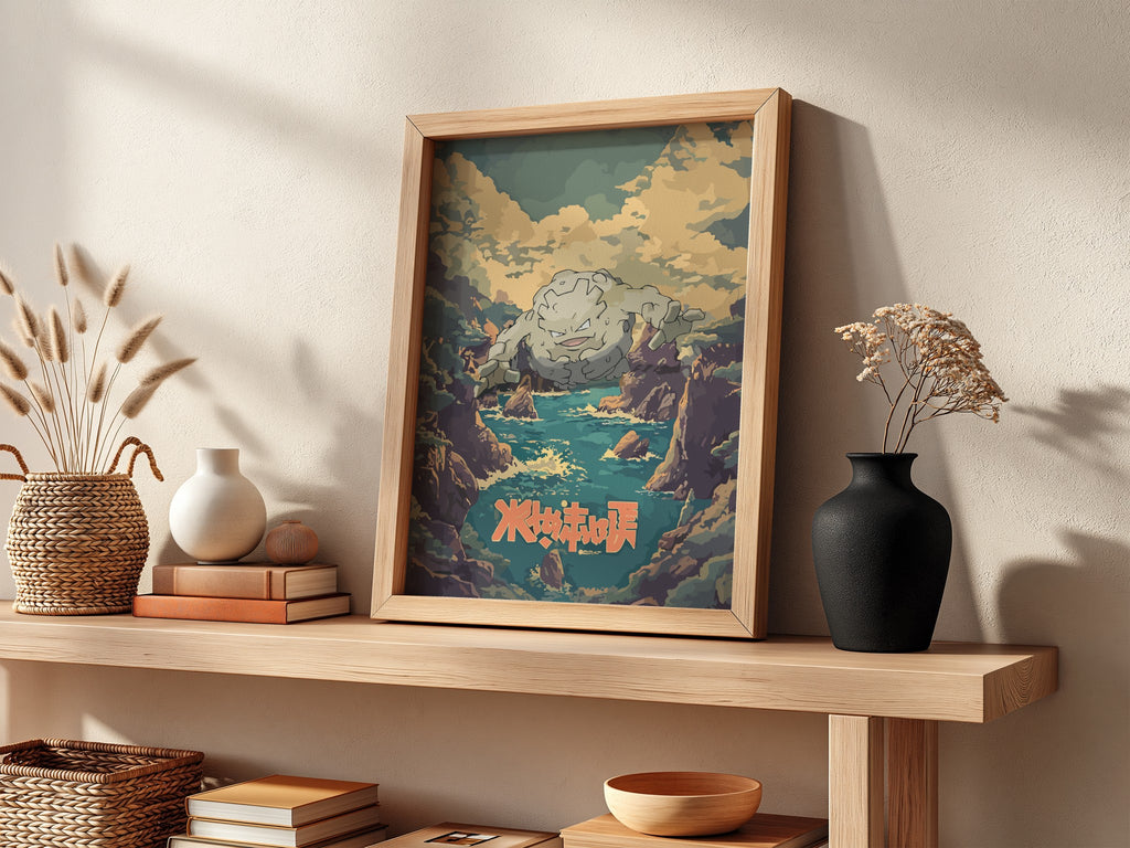 Framed Graveler vintage poster with rocky coastline, moody sky, earthy tones, and fantasy creature