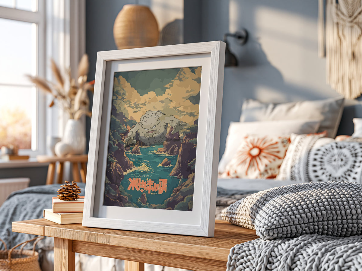 Framed Graveler vintage poster with rocky coastline, moody sky, earthy tones, and fantasy creature