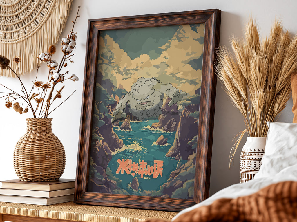 Framed Graveler vintage poster with rocky coastline, moody sky, earthy tones, and fantasy creature