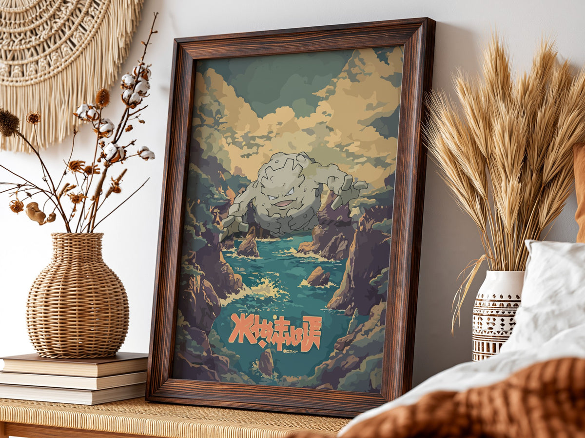 Framed Graveler vintage poster with rocky coastline, moody sky, earthy tones, and fantasy creature