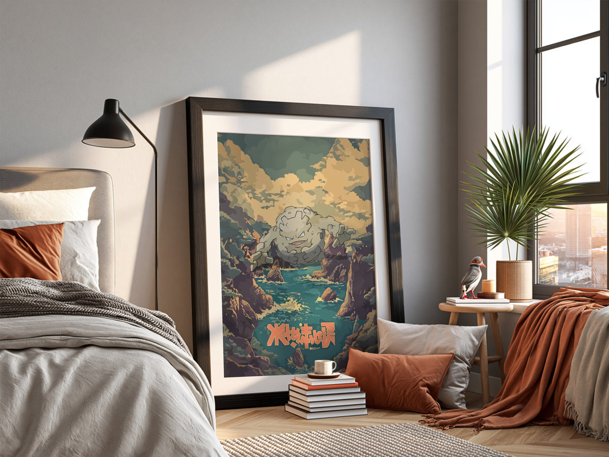 Framed Graveler vintage poster with rocky coastline, moody sky, earthy tones, and fantasy creature