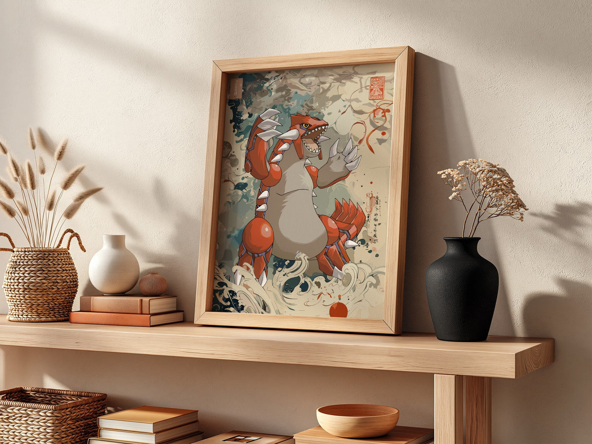 Framed poster of Groudon in Japanese ink wash style with red, beige, and earth tones