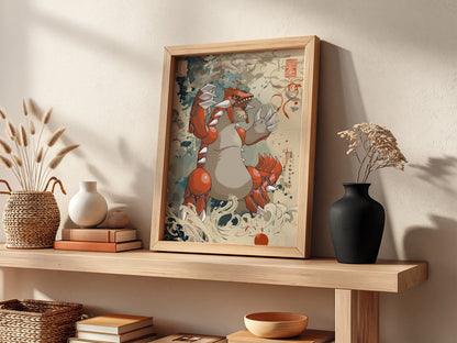 Framed poster of Groudon in Japanese ink wash style with red, beige, and earth tones