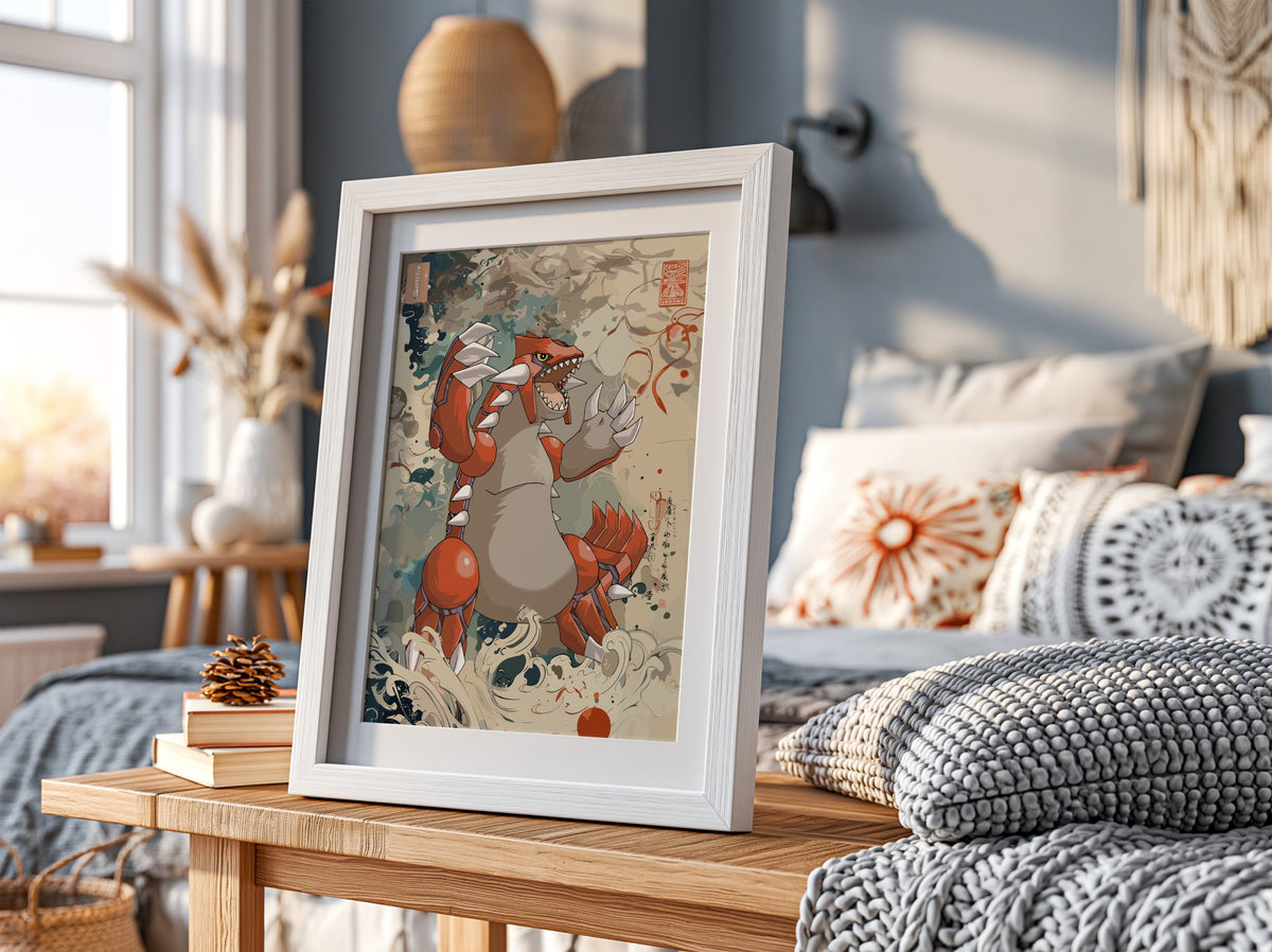Framed poster of Groudon in Japanese ink wash style with red, beige, and earth tones