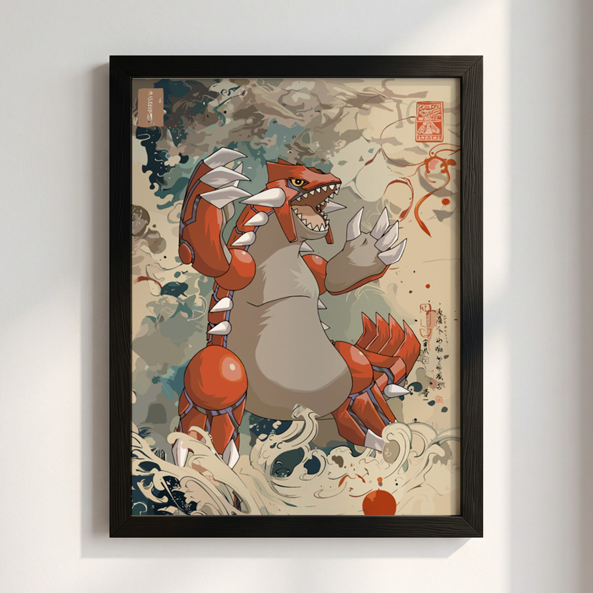 Framed poster of Groudon in Japanese ink wash style with red, beige, and earth tones