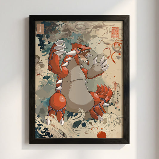 Framed poster of Groudon in Japanese ink wash style with red, beige, and earth tones