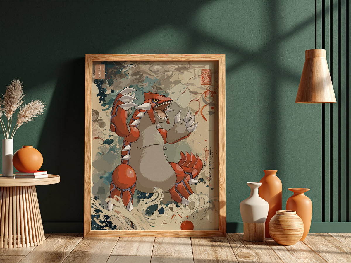Framed poster of Groudon in Japanese ink wash style with red, beige, and earth tones