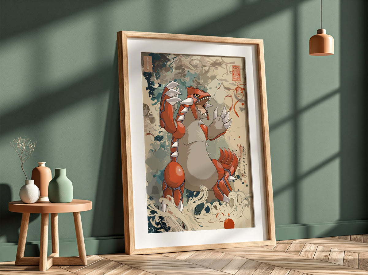Framed poster of Groudon in Japanese ink wash style with red, beige, and earth tones
