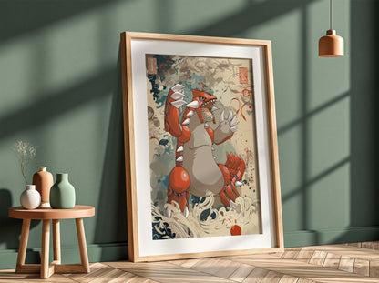 Framed poster of Groudon in Japanese ink wash style with red, beige, and earth tones
