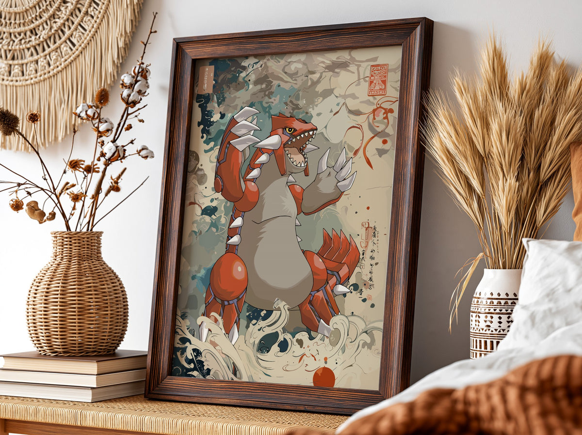 Framed poster of Groudon in Japanese ink wash style with red, beige, and earth tones