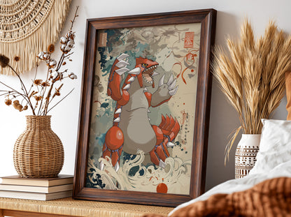 Framed poster of Groudon in Japanese ink wash style with red, beige, and earth tones