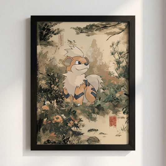 Poster of Growlithe in traditional ink wash style with earthy beige brown and green tones
