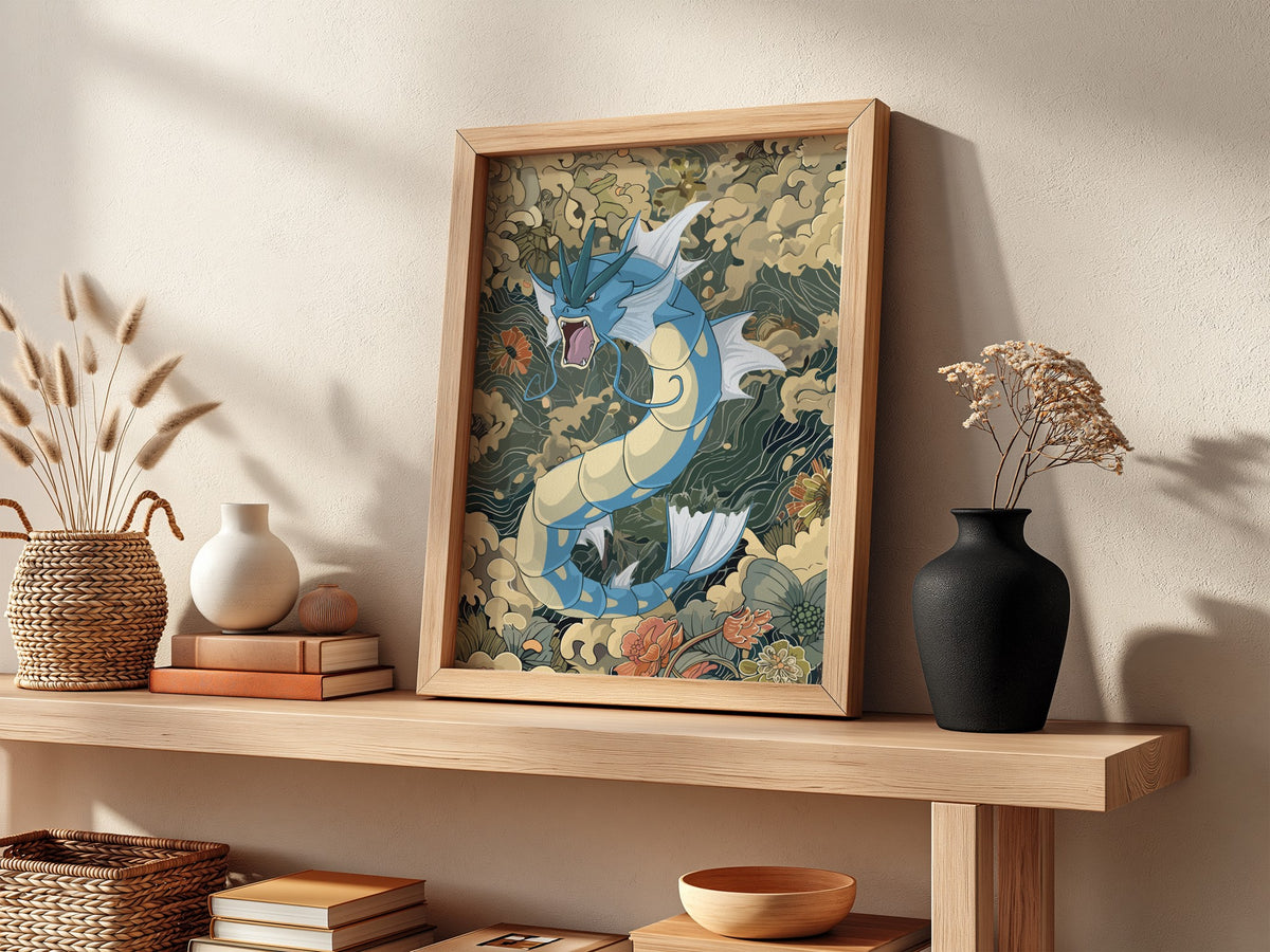 Poster of Gyarados dragon in blue and cream with Japanese wave and cloud motifs