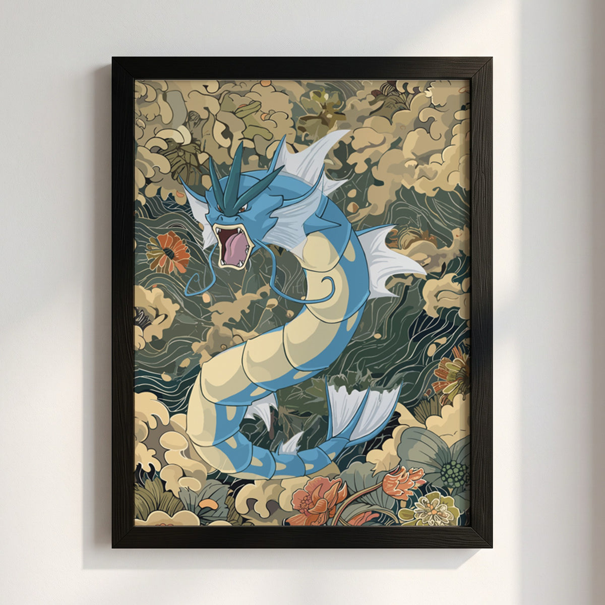 Poster of Gyarados dragon in blue and cream with Japanese wave and cloud motifs