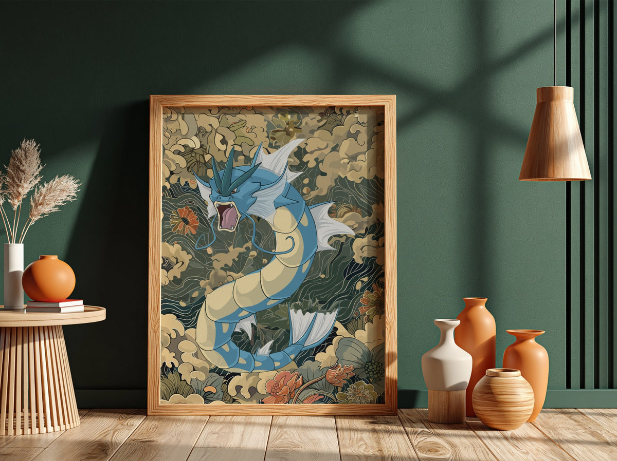 Poster of Gyarados dragon in blue and cream with Japanese wave and cloud motifs