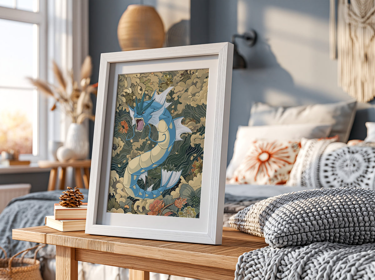 Poster of Gyarados dragon in blue and cream with Japanese wave and cloud motifs
