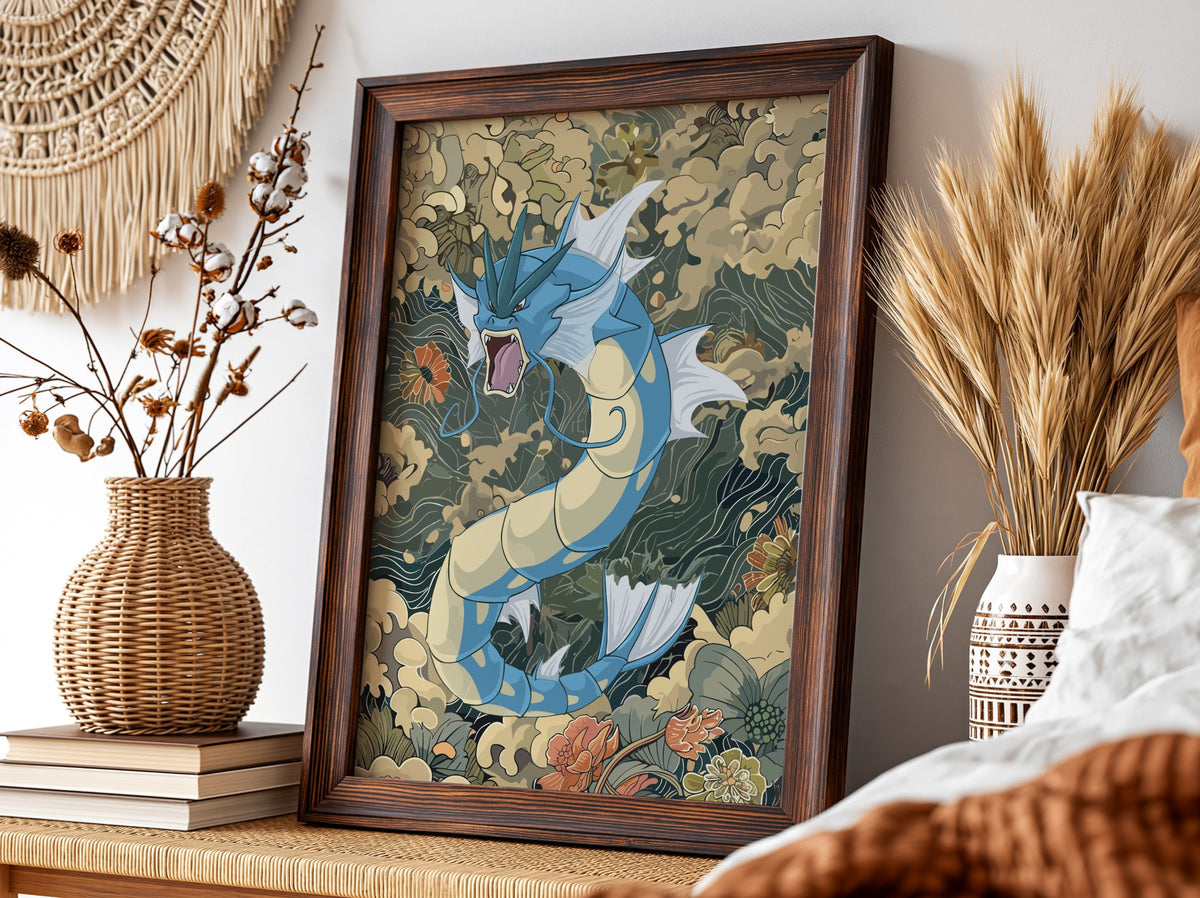 Poster of Gyarados dragon in blue and cream with Japanese wave and cloud motifs