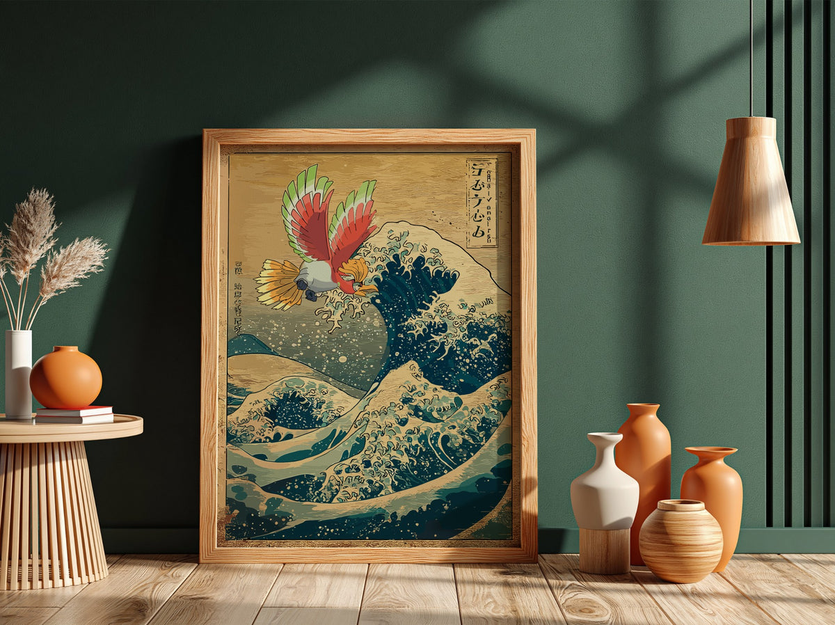 Pokemon poster featuring Ho-Oh flying above traditional Japanese waves in vibrant red, green, blue, and gold