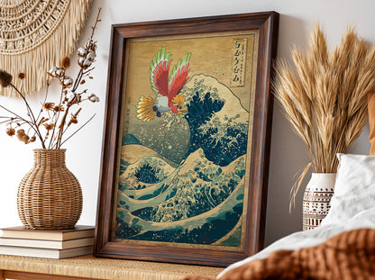 Pokemon poster featuring Ho-Oh flying above traditional Japanese waves in vibrant red, green, blue, and gold