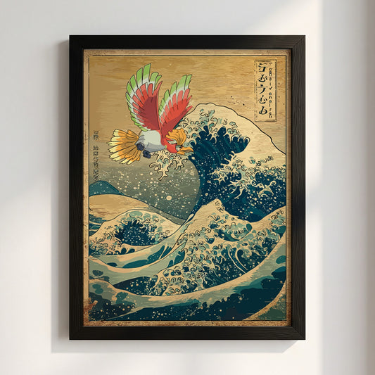 Pokemon poster featuring Ho-Oh flying above traditional Japanese waves in vibrant red, green, blue, and gold