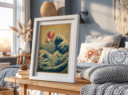 Pokemon poster featuring Ho-Oh flying above traditional Japanese waves in vibrant red, green, blue, and gold