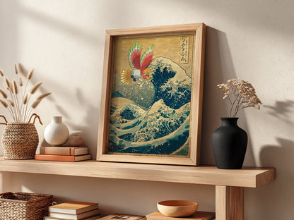Pokemon poster featuring Ho-Oh flying above traditional Japanese waves in vibrant red, green, blue, and gold