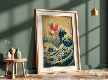 Pokemon poster featuring Ho-Oh flying above traditional Japanese waves in vibrant red, green, blue, and gold