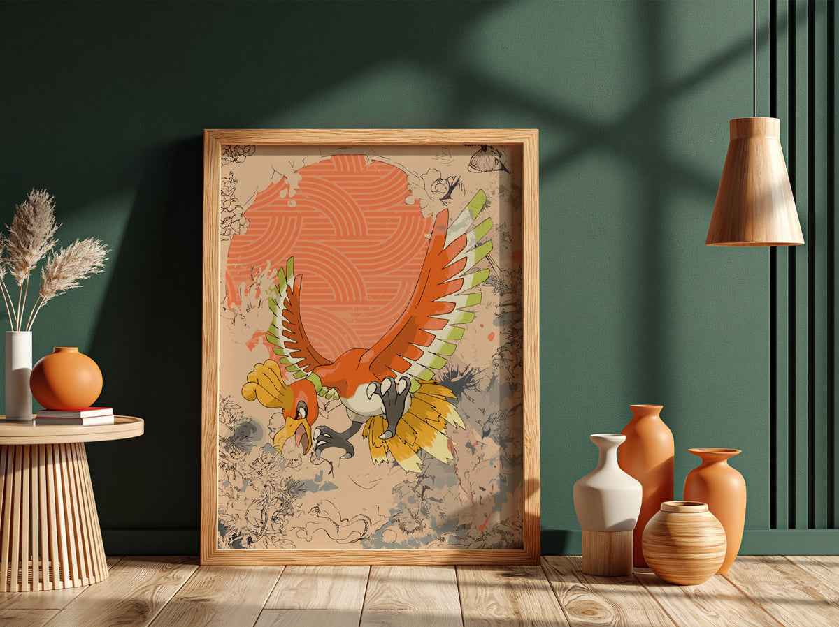 Illustration poster of Ho-oh Pokémon in vibrant red, orange, yellow and green tones with dynamic wings spread