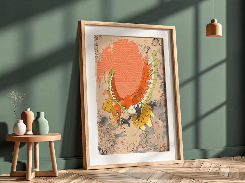 Illustration poster of Ho-oh Pokémon in vibrant red, orange, yellow and green tones with dynamic wings spread