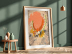 Illustration poster of Ho-oh Pokémon in vibrant red, orange, yellow and green tones with dynamic wings spread