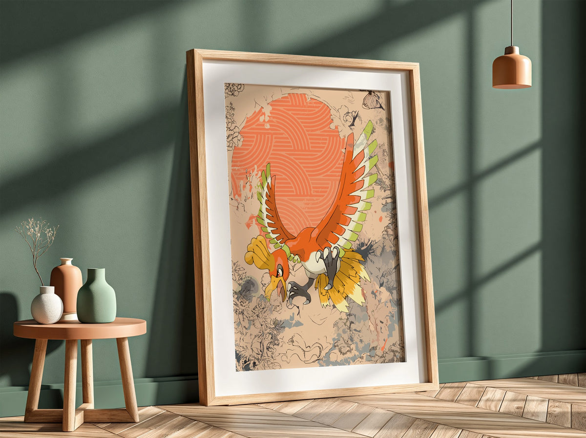 Illustration poster of Ho-oh Pokémon in vibrant red, orange, yellow and green tones with dynamic wings spread